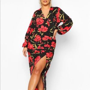 Plus Floral Wrap Ruched Front Midaxi Dress